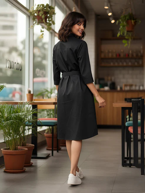 Saheli Women's Black Cotton Embellished A-line Button Down Shirt Dress