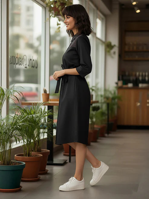 Saheli Women's Black Cotton Embellished A-line Button Down Shirt Dress