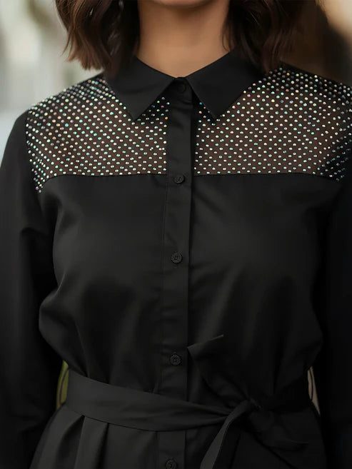 Saheli Women's Black Cotton Embellished A-line Button Down Shirt Dress