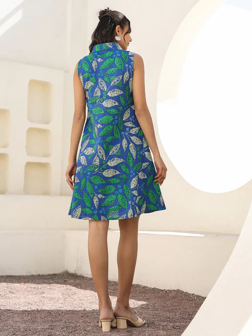 Saheli Indigo Pure Cotton Tropical Printed A-line Dress