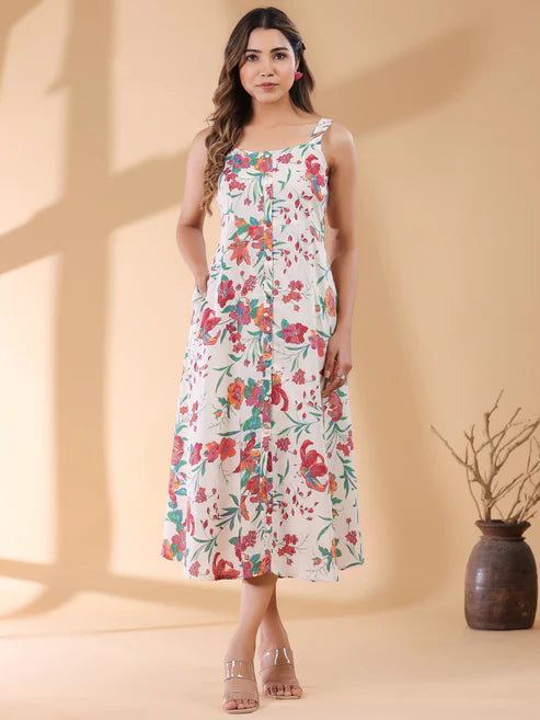 Saheli Off White Pure Cotton Floral Printed A-line Dress