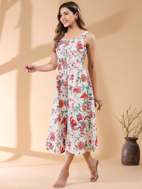 Saheli Off White Pure Cotton Floral Printed A-line Dress