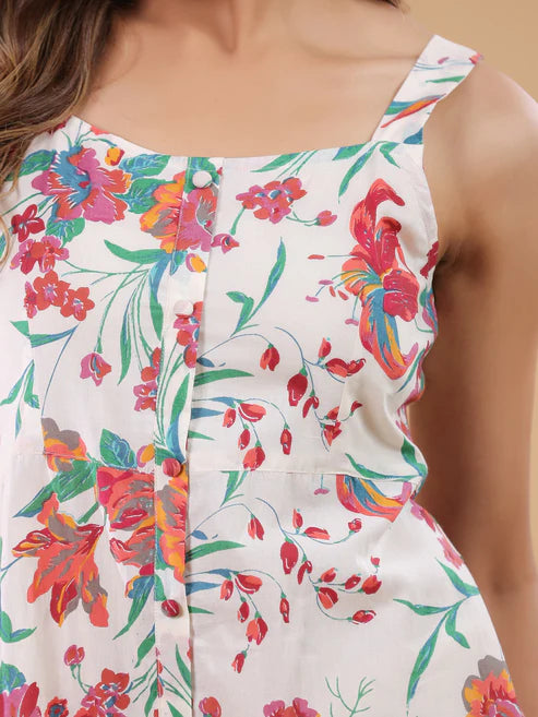 Saheli Off White Pure Cotton Floral Printed A-line Dress
