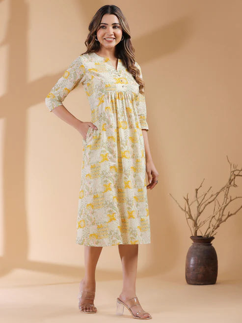 Saheli Mustard Pure Cotton Ethnic Motifs Printed A-line Dress