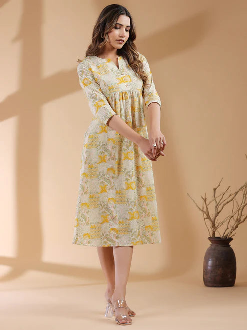 Saheli Mustard Pure Cotton Ethnic Motifs Printed A-line Dress