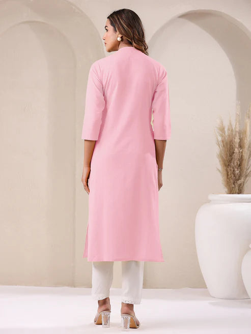 Saheli Pink Cotton Solid Straight Kurta