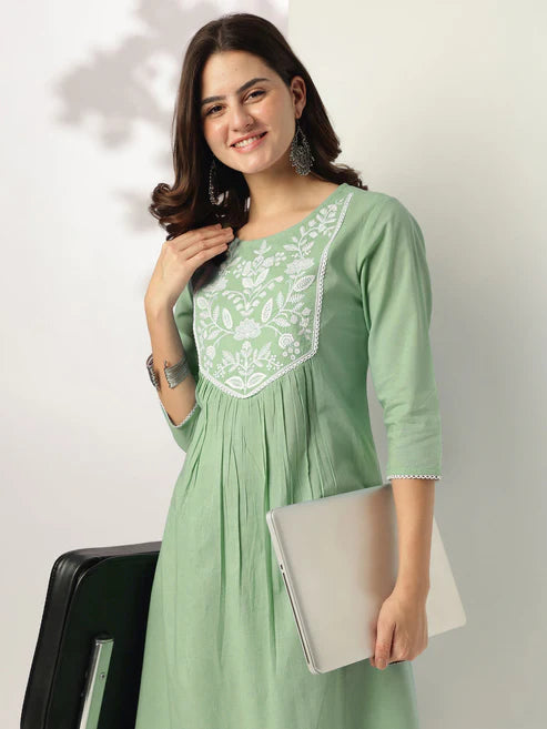 Saheli Women's Light Green Pure Cotton Yoke Embroidery A-line Kurta