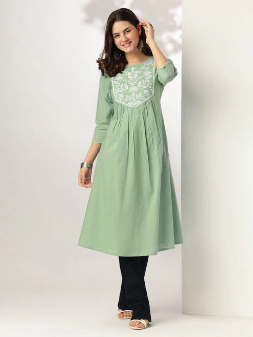 Saheli Women's Light Green Pure Cotton Yoke Embroidery A-line Kurta