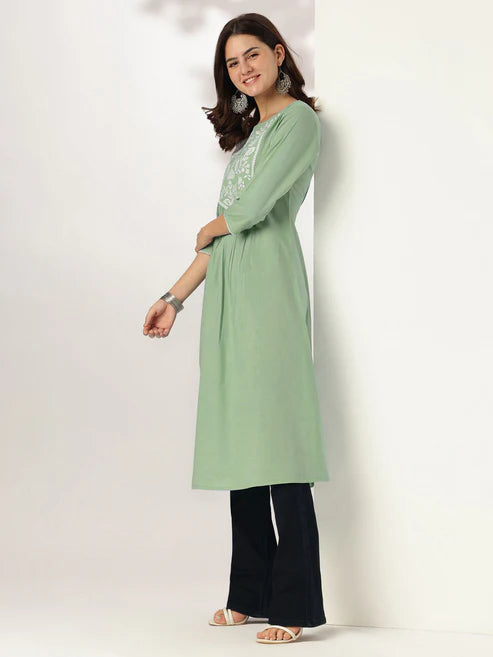 Saheli Women's Light Green Pure Cotton Yoke Embroidery A-line Kurta