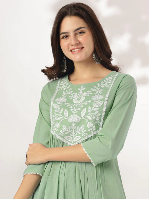Saheli Women's Light Green Pure Cotton Yoke Embroidery A-line Kurta