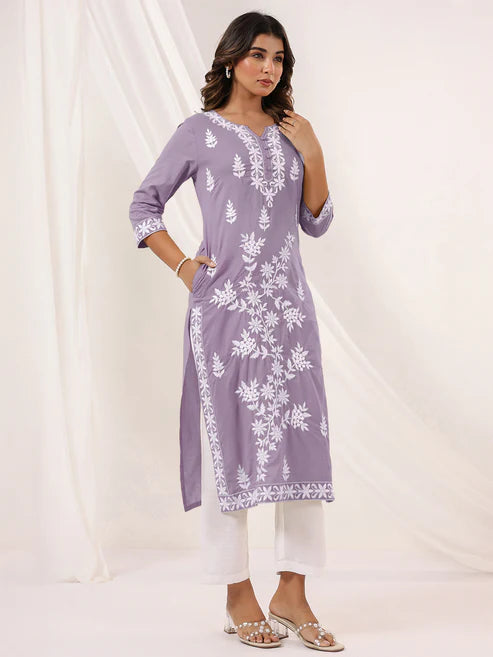 Saheli Women's Light Purple Pure Cotton Embroidered Straight Kurta