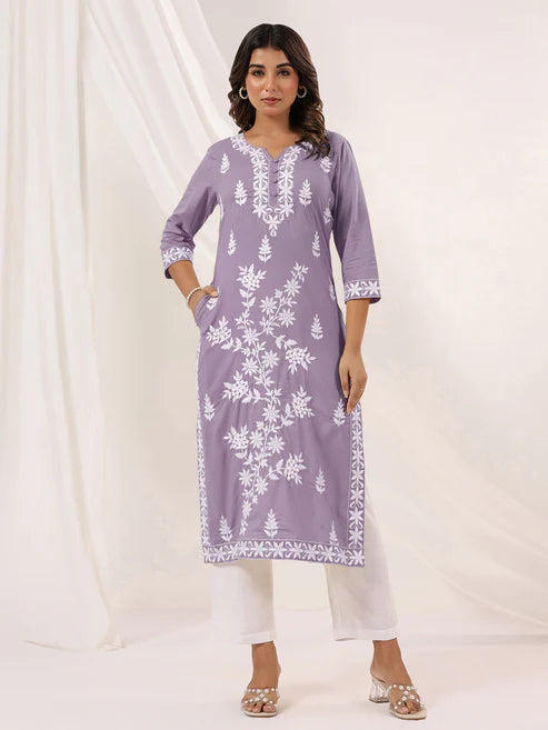 Saheli Women's Light Purple Pure Cotton Embroidered Straight Kurta