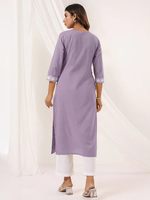 Saheli Women's Light Purple Pure Cotton Embroidered Straight Kurta