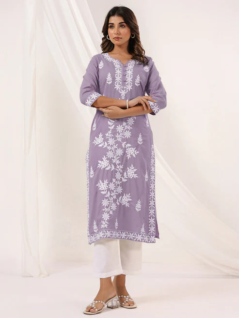 Saheli Women's Light Purple Pure Cotton Embroidered Straight Kurta