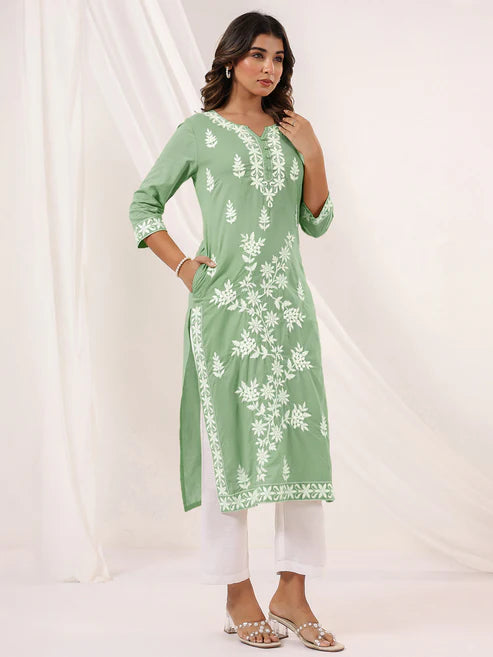 Saheli Women's Light Green Pure Cotton Embroidered Straight Kurta