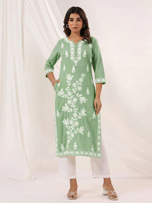 Saheli Women's Light Green Pure Cotton Embroidered Straight Kurta