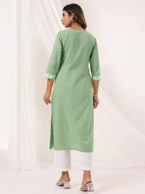 Saheli Women's Light Green Pure Cotton Embroidered Straight Kurta