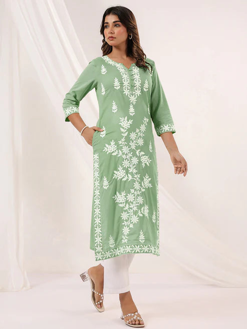 Saheli Women's Light Green Pure Cotton Embroidered Straight Kurta