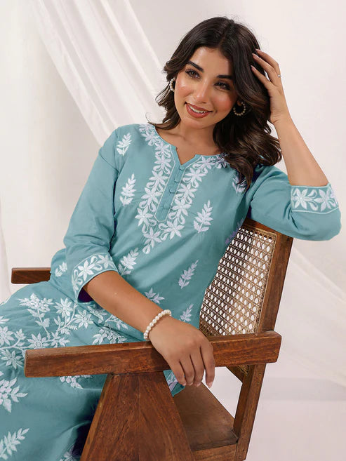 Saheli Women's Light Blue Pure Cotton Embroidered Straight Kurta