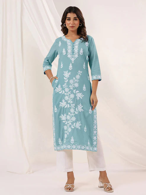 Saheli Women's Light Blue Pure Cotton Embroidered Straight Kurta