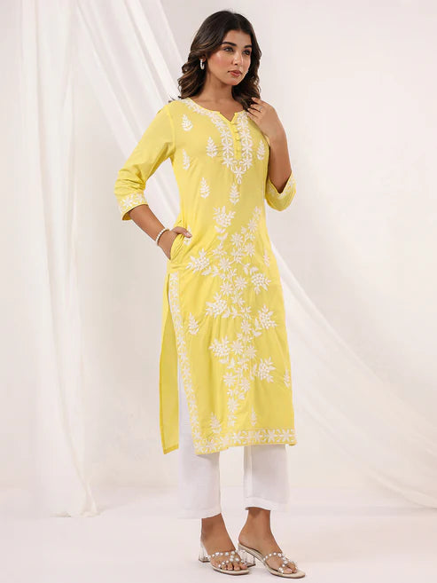 Saheli Women's Yellow Pure Cotton Embroidered Straight Kurta