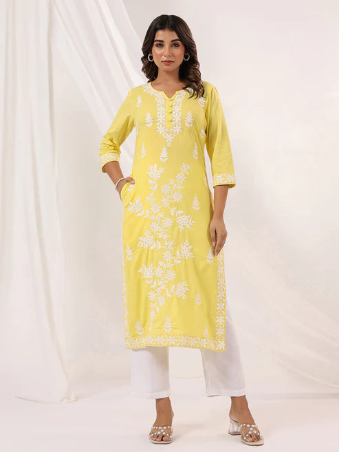 Saheli Women's Yellow Pure Cotton Embroidered Straight Kurta