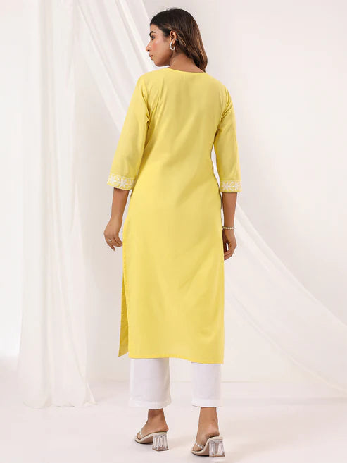 Saheli Women's Yellow Pure Cotton Embroidered Straight Kurta