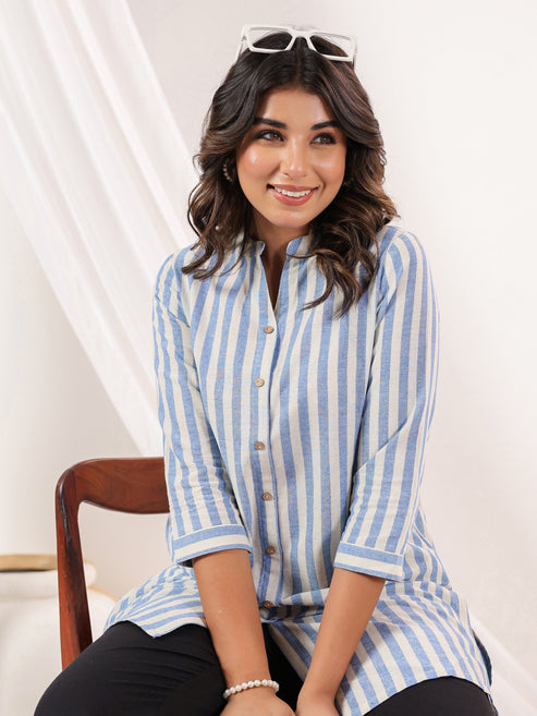 Saheli Women's White Cotton Striped Straight Short Kurti