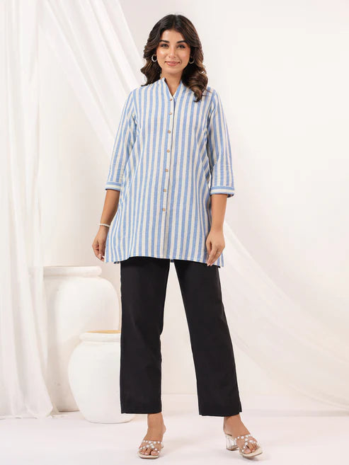 Saheli Women's White Cotton Striped Straight Short Kurti