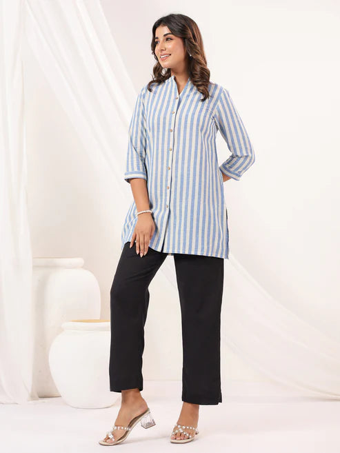 Saheli Women's White Cotton Striped Straight Short Kurti