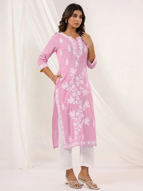 Saheli Women's Light Pink Pure Cotton Embroidered Straight Kurta