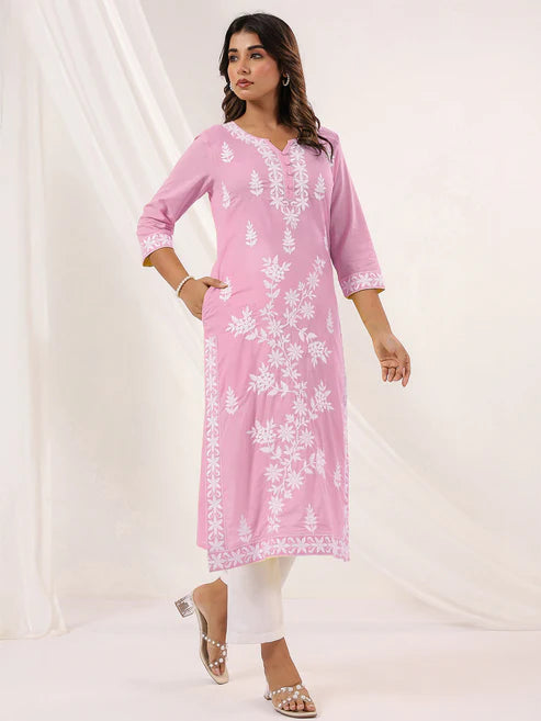 Saheli Women's Light Pink Pure Cotton Embroidered Straight Kurta