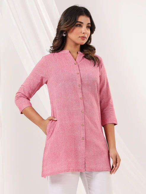 Saheli Women's Pink Cotton Solid Straight Short Kurti