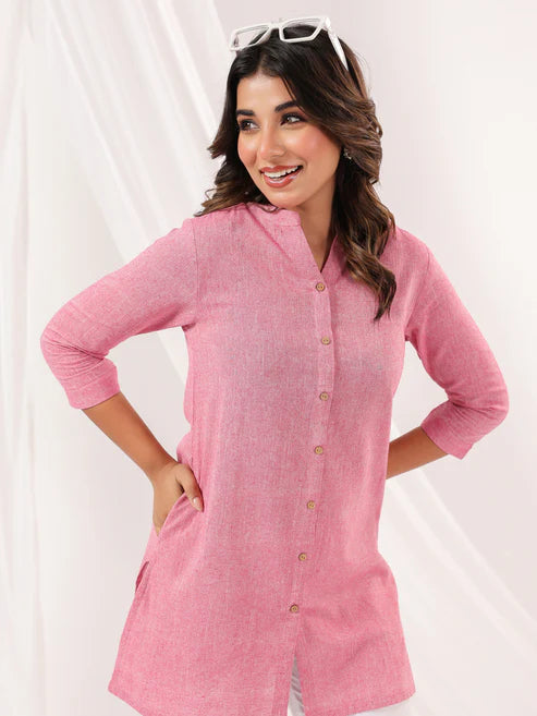 Saheli Women's Pink Cotton Solid Straight Short Kurti