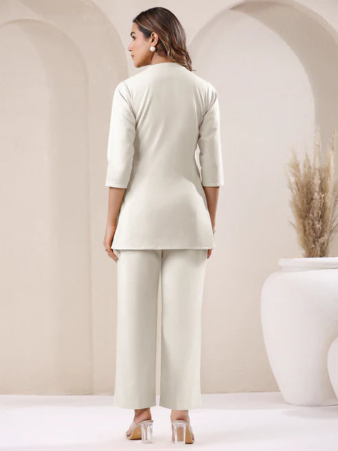 Saheli Off White Cotton Solid Staright Pant