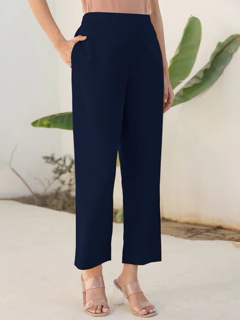 Saheli Navy Blue Cotton Solid Straight Pant