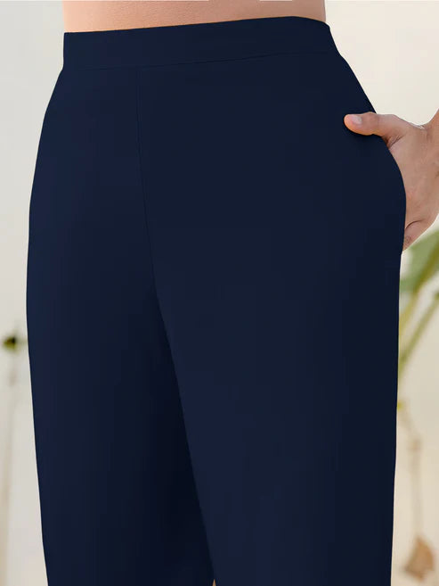 Saheli Navy Blue Cotton Solid Straight Pant