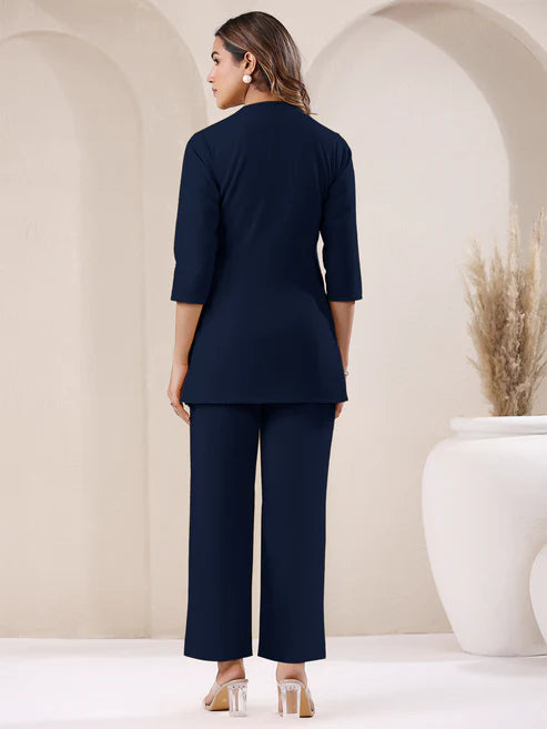 Saheli Navy Blue Cotton Solid Straight Pant