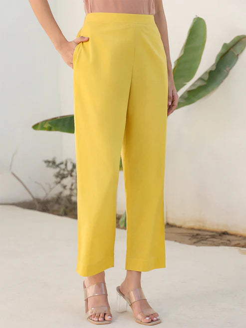 Saheli Yellow Cotton Solid Straight Pant