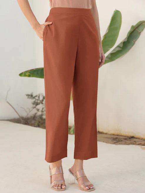 Saheli Rust Cotton Solid Straight Pant