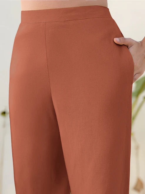 Saheli Rust Cotton Solid Straight Pant