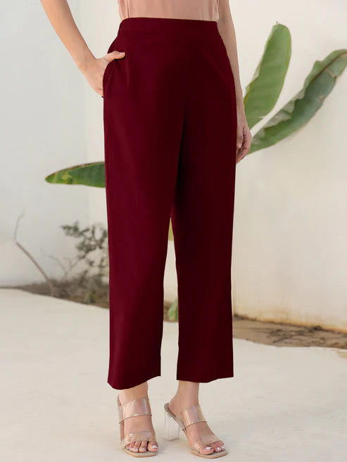 Saheli Maroon Cotton Blend Solid Straight Pant