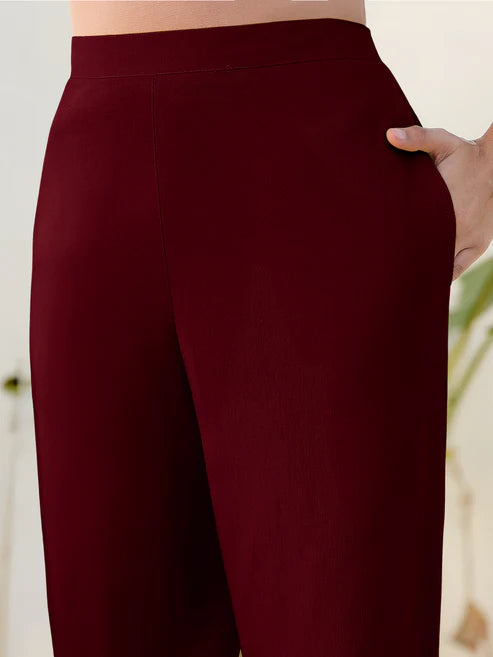 Saheli Maroon Cotton Blend Solid Straight Pant