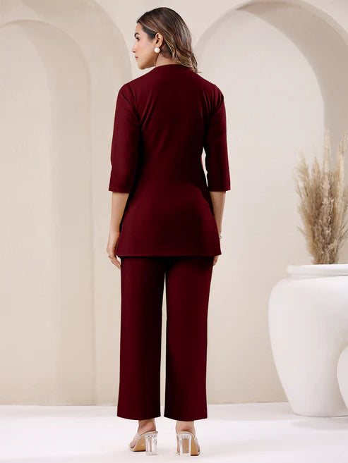 Saheli Maroon Cotton Blend Solid Straight Pant