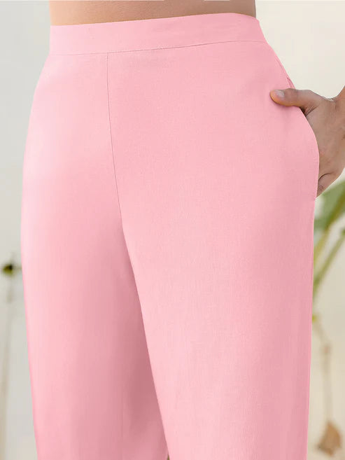 Saheli Pink Cotton Solid Straight Pant