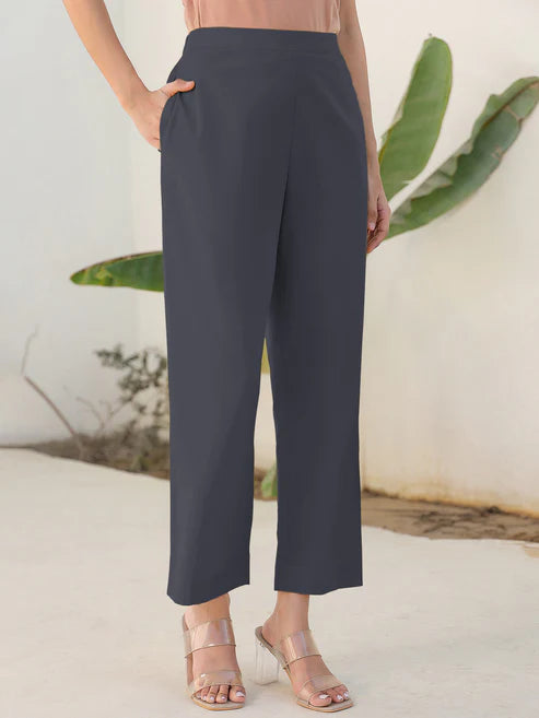 Saheli Grey Cotton Solid Straight Pant