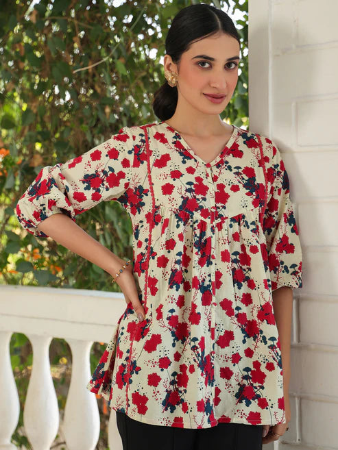 Saheli Cream Pure Cotton Floral Printed A-Line Top
