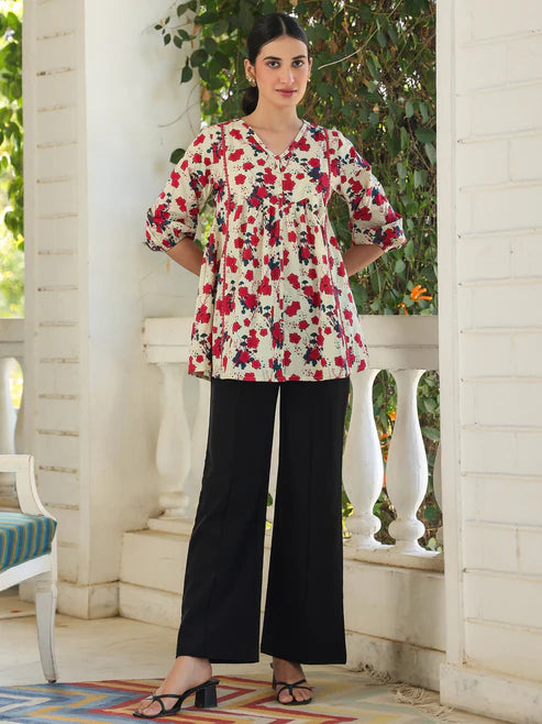 Saheli Cream Pure Cotton Floral Printed A-Line Top