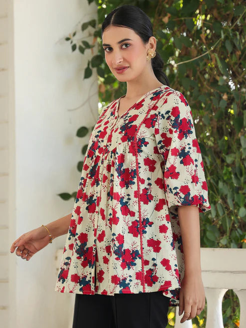 Saheli Cream Pure Cotton Floral Printed A-Line Top