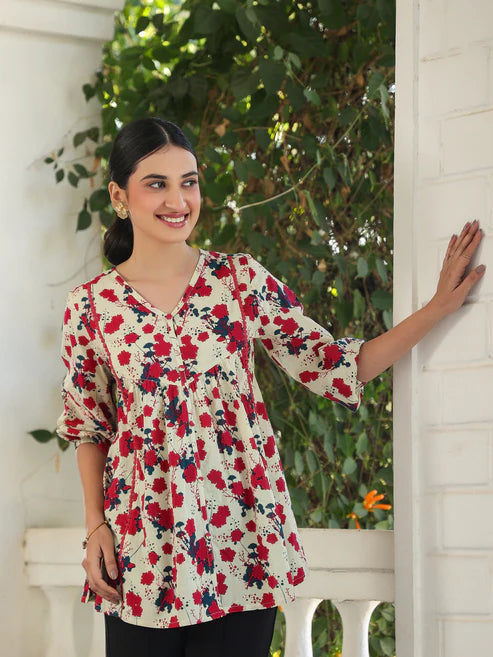 Saheli Cream Pure Cotton Floral Printed A-Line Top